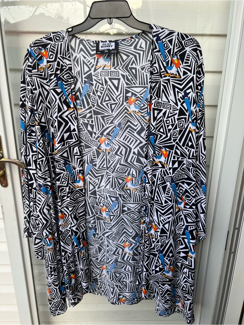 Disney Black White Geometric Cardigan with Blue Orange Accents